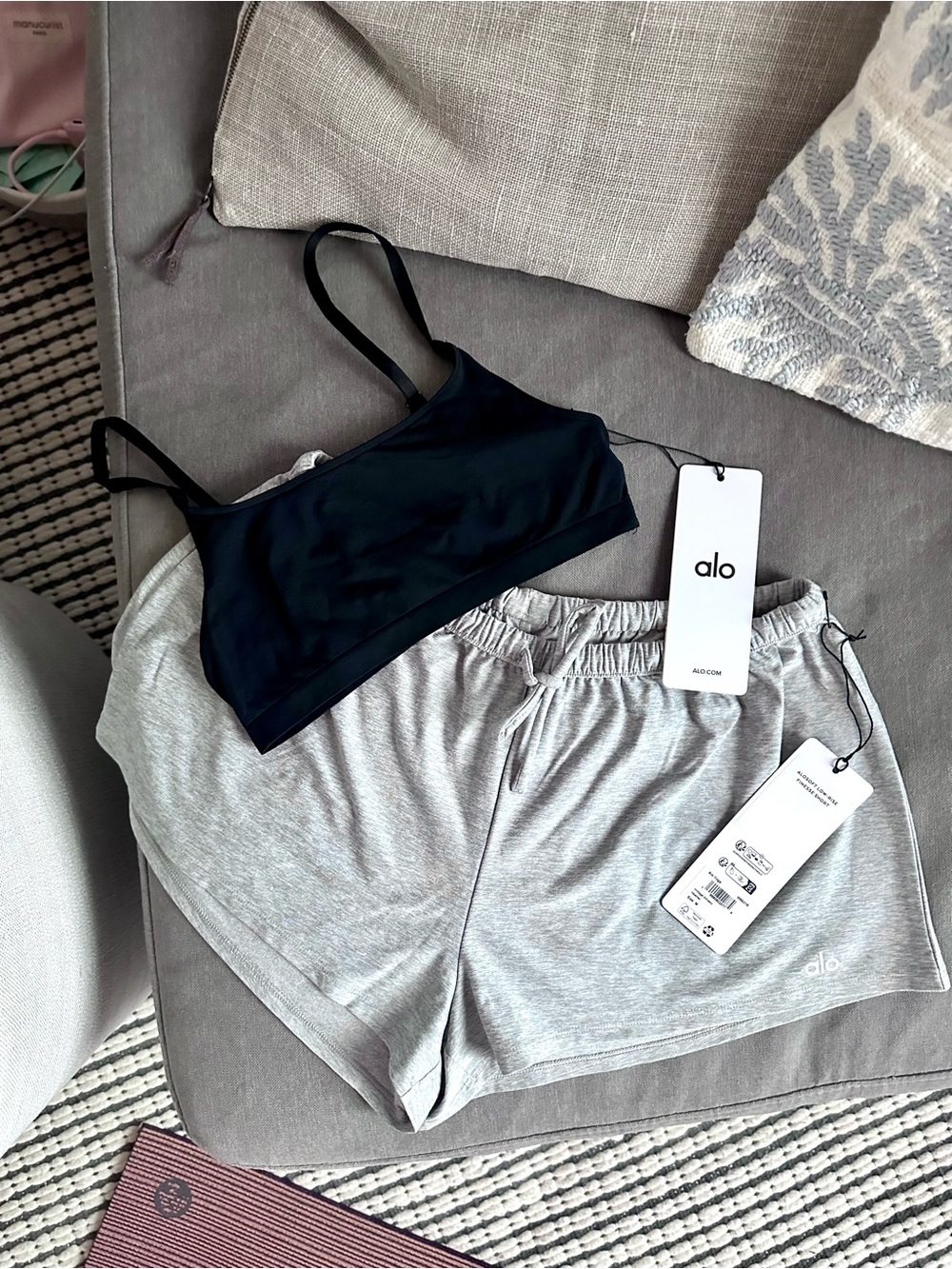 ALO Yoga Women's Black Sports Bra and Light Gray Lounge Shorts Set